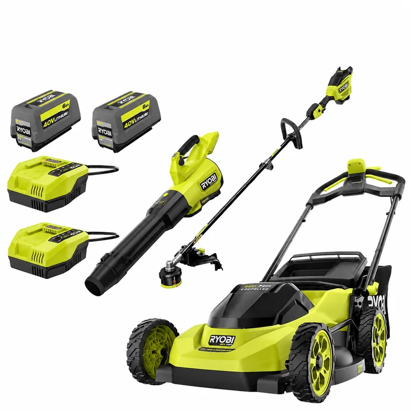 RYOBI 40V HP 20-Inch Self-Propelled Mower, Blower & Trimmer Kit — product photograph